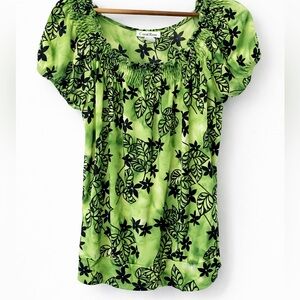 Green Black Floral Peasant Blouse Boho Stretch Top Ruched Neck Medium Carol Rose
